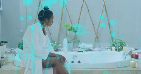 Woman in Bathrobe Relaxing in Modern Bathroom with Overlay