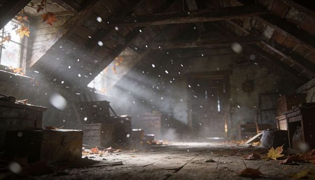 Sunlight streaming through dusty attic with vintage trunks, falling dust and leaves