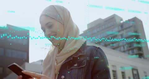 Woman Engaging with Data Overlay in Urban Landscape