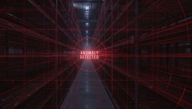 Warehouse Surveillance HUD Detecting Anomaly Over Aisle with Red Reticle and Grid Overlay
