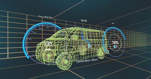 Futuristic interface displays electric van data in grid tunnel