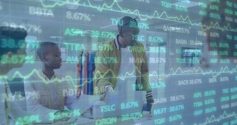 Diverse Team Engaged in Stock Market Strategy Discussing Data