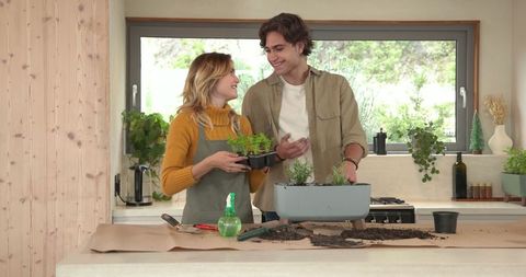 Couple enjoys indoor gardening together at kitchen island
