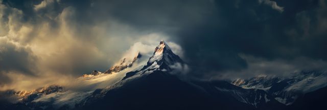 General view of mountain peak and clouds, created using generative ai technology. Landscape, scenery and beauty in nature concept digitally generated image.