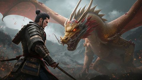 Armored Samurai Facing Horned Dragon in Epic Battle