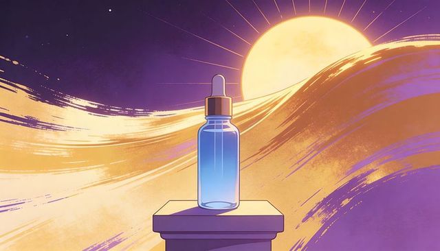 Blue glass dropper bottle on pedestal glowing under golden sun at twilight for luxury serum