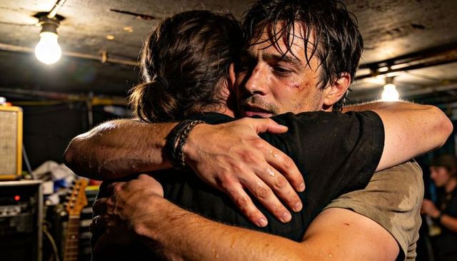 Embracing bandmates after intense basement rehearsal under bare bulbs
