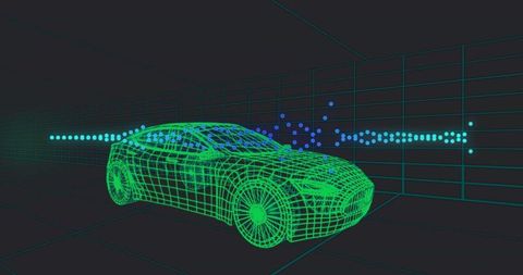 Neon wireframe sedan in futuristic grid tunnel with cyan particle data stream 3D mesh