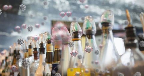 Concept of viral contamination with syrup bottles in background