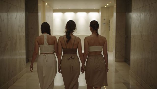 Three women walking down marble corridor in neutral cropped tops and sash skirts