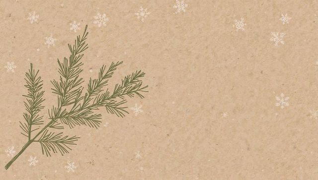 Minimal kraft paper pine branch with white snowflakes and wide copy space
