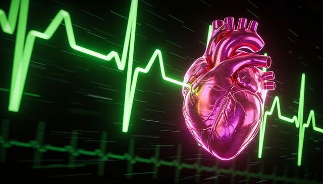 Pulsing glossy 3d anatomic heart hovering above neon ecg waveform medical visualization