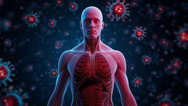 Futuristic medical illustration of human anatomy with viral elements