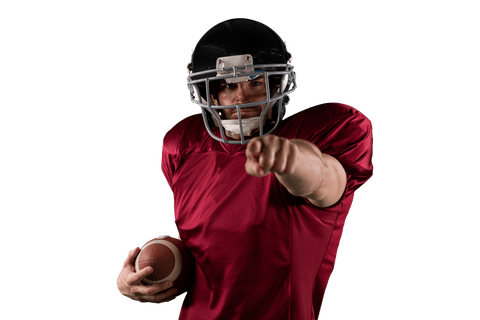 This dynamic portrayal of a determined American football player, complete with his uniform and helmet, is ideal for sports promotions, motivational sports blogs, and inspirational marketing material. The transparent background allows for easy integration into any digital or print content.