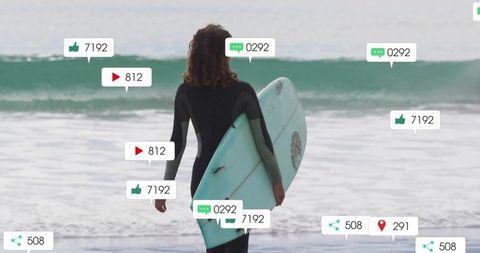 Surfer on Beach with Social Media Engagement Overlay