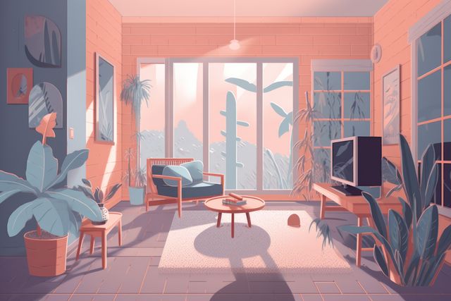 General view of living room in pastel colours, created using generative ai technology. Interior design and home decor concept digitally generated image.