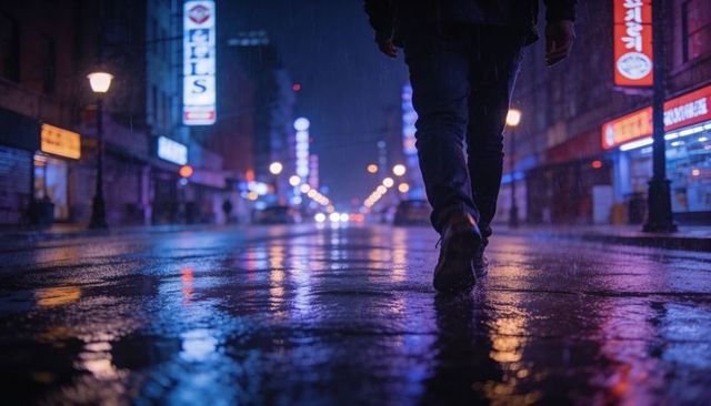 Walking through neon rain male silhouette on wet urban street at night with reflections