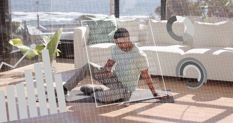 Woman using smartphone in sunlit coastal living room sitting on floor with data overlays