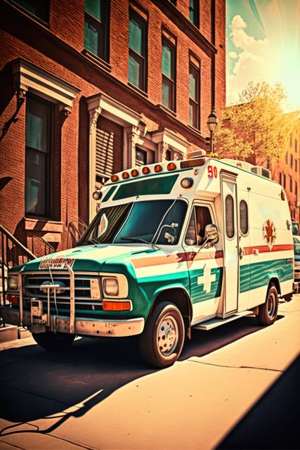 Ambulance parked in street with sunshine, created using generative ai technology. Ambulance and emergency medical services concept digitally generated image.