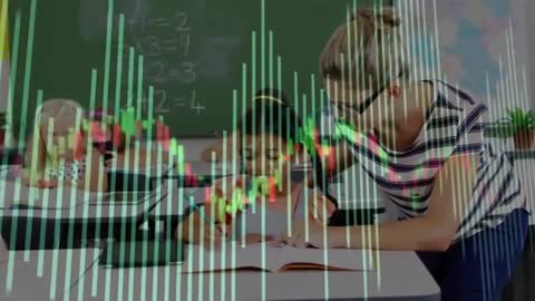 Teacher Guiding Student in Math with Financial Chart Overlay