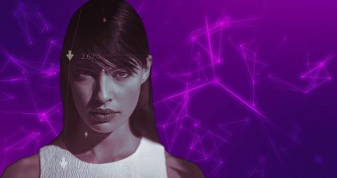 Portrait of Woman with Data Visualization Background in Purple