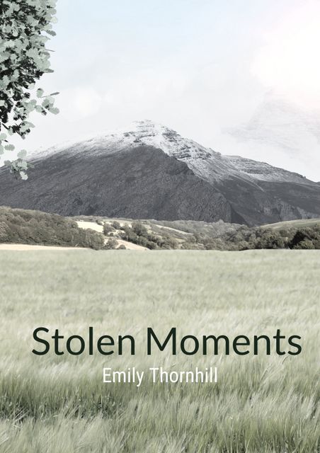 Minimalist book cover design featuring title 'Stolen Moments' by Emily Thornhill. Serene landscape with mountains and fields creating a sense of tranquility and peace. Ideal for use in articles discussing literature, book reviews, serene landscapes, or as a design inspiration for book cover creators.