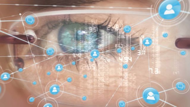 Depiction of eye with holographic digital interface and connectivity symbols signifies cutting-edge technological innovation. Image fit for articles about tech advancements, futuristic visuals for AR technology, or business presentations on digital transformation and innovation trends.