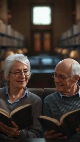 Senior couple reading together in cozy library sharing warm smiles — vertical video