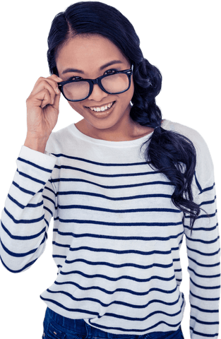 Smiling Asian Woman Adjusting Glasses with Transparent Background