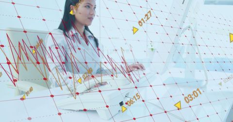 Financial Data Over Asian Businesswoman, Analyzing Global Market Trends