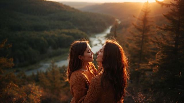 Two women embracing at golden hour on forest ridge with river valley and warm backlight