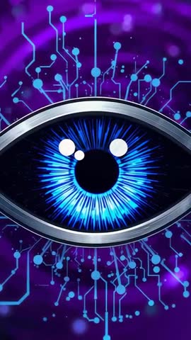 Pulsing Cybernetic Eye Scanning Blue Iris over Neon Purple Circuitry Looping Vertical Video