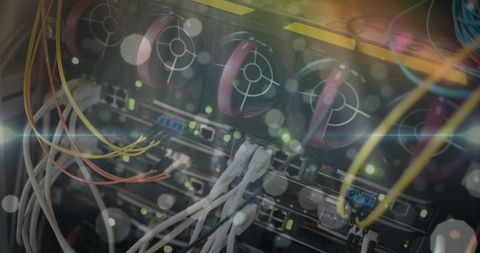 Intricate wiring in high-tech environment with digital effects