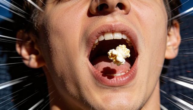 Teenager catching popcorn on tongue closeup with dramatic radial motion burst