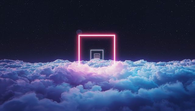 Cosmic neon portal in cloudscape night sky