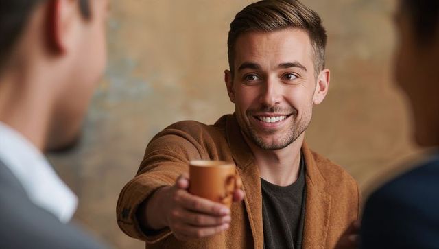 Smiling young man offering espresso cup while reaching out in warm cozy cafe conversation