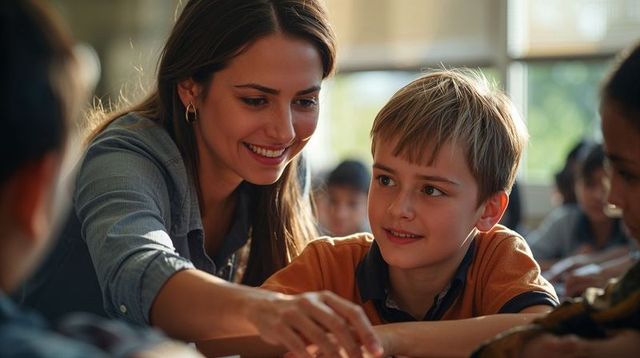 Teacher guiding elementary student during hands-on classroom learning and collaboration