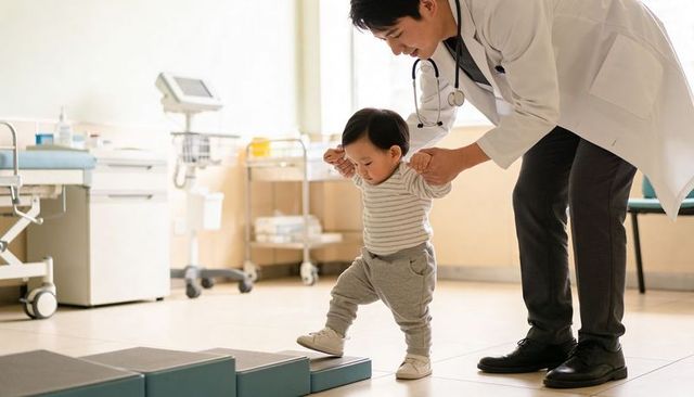 Pediatrician guiding toddler first steps during pediatric clinic therapy session with stethoscope
