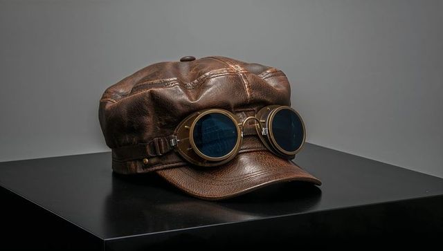 Vintage leather newsboy cap with brass goggles