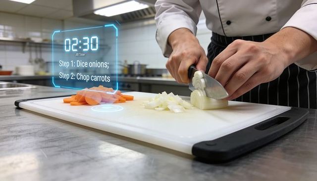 Chef dicing onion with ar cooking timer overlay in professional kitchen for precision prep