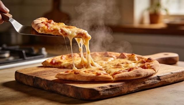 Rustic homemade cheese pizza with stretching mozzarella and steam rising on wooden board