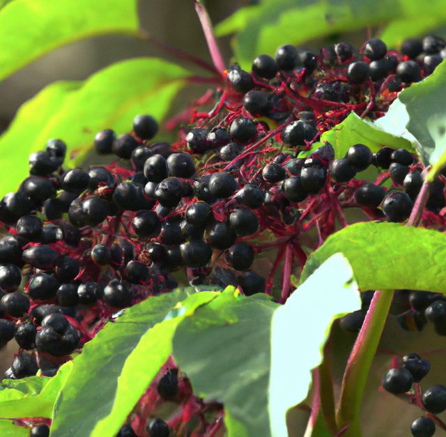 Image of close up of fresh black elderberries and leaves growing on tree. Plants, colour and nature concept.