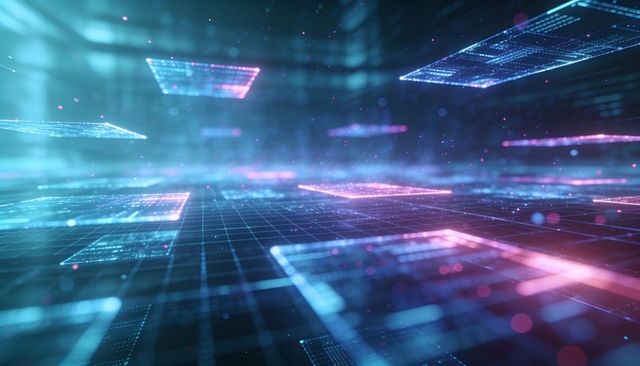 Floating holographic data panels drifting above glowing grid in neon 3d cyberspace