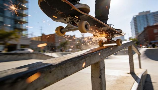 Skateboard grinding rail sending sparks flying urban skatepark action and motion