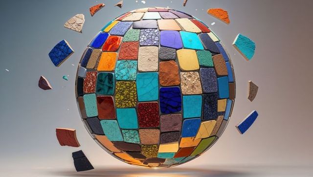Mosaic sphere with floating ceramic tiles