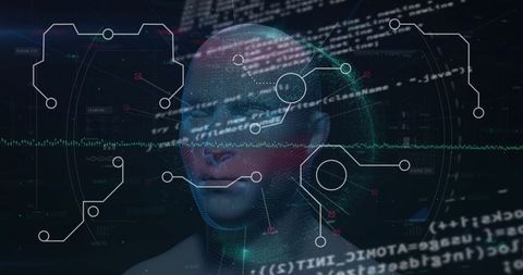 Holographic interface displaying digital head model and code