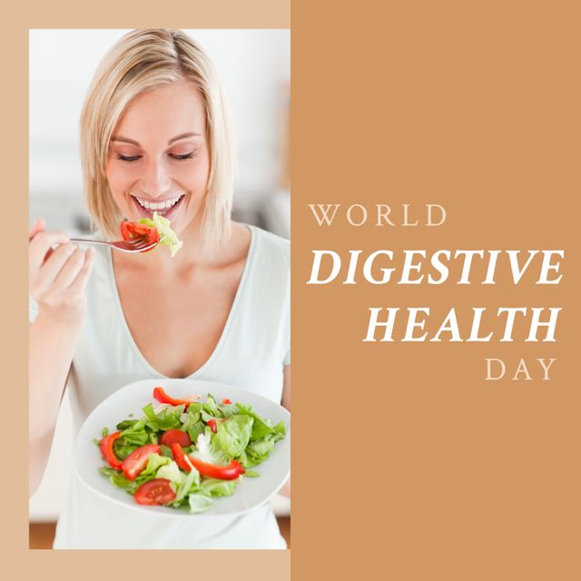 Smiling Caucasian Woman Eating Salad for World Digestive Health Day - Download Free Stock Templates Pikwizard.com