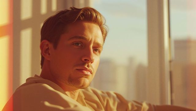 Serene reflection of man lounging in warmly lit urban atmosphere