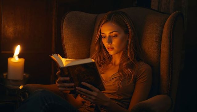 Woman Reading by Candlelight in Cozy Study Ambiance