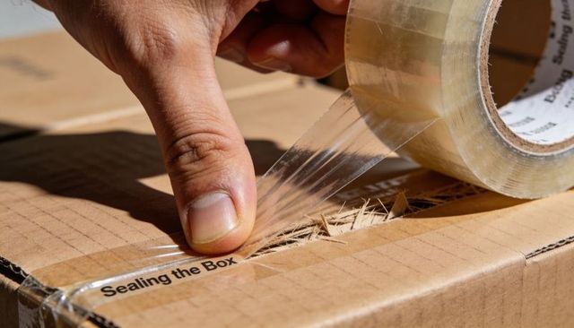 Pressing clear packing tape onto corrugated box while smoothing seal over tear